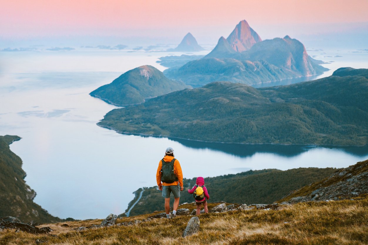 A family hiking in Helgeland, Norway